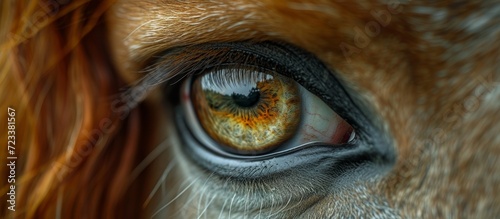 A mesmerizing closeup of a horse's brown eyes, revealing the intricate details of its organ and captivating the viewer with its wild mammal essence © Larisa AI