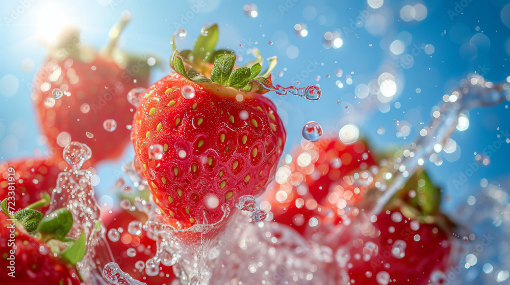 Fresh strawberries splashing in water with droplets flying around, vibrant colors. Fresh strawberries splashing in water with droplets flying around, vibrant colors.