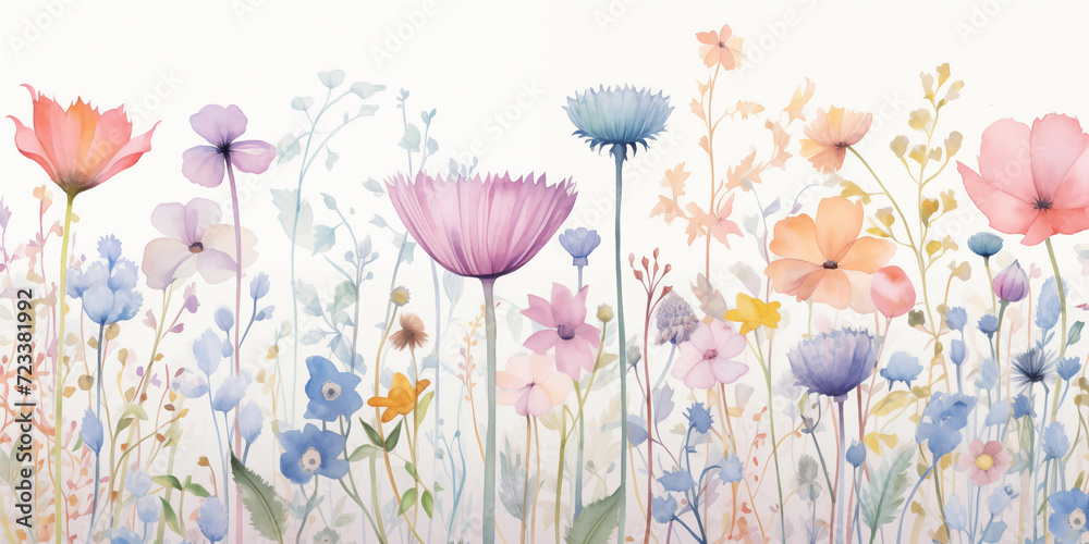Obraz premium Beautiful floral spring seamless pattern with watercolor drawn field wildflowers. For wedding stationery, greetings, wallpapers, fashion, backgrounds, textures, DIY, packaging, cards.