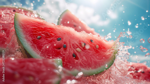 Fresh watermelon slices with splashing water on a blue background.