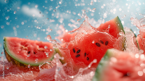 Fresh watermelon slices with splashing water on a blue background. photo