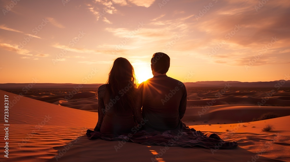 young couple sitting and hugging at desert and looking at sunset, man and woman contemplate sunrise at nature young couple sitting and hugging at desert and looking at sunset, man and woman contemplate sunrise at nature