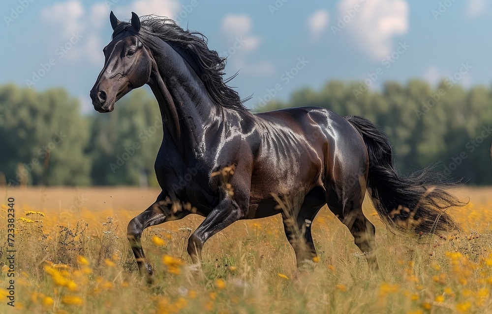 A majestic stallion gallops through a vibrant field of green grass and wildflowers, its brown coat glistening in the sunlight as it exudes strength and grace A majestic stallion gallops through a vibrant field of green grass and wildflowers, its brown coat glistening in the sunlight as it exudes strength and grace
