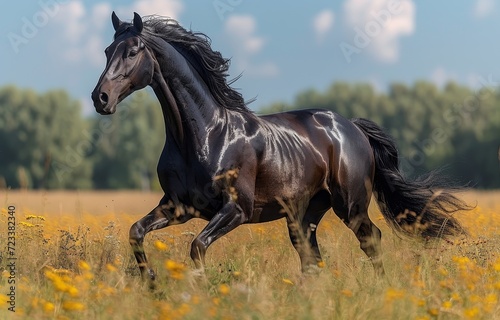 A majestic stallion gallops through a vibrant field of green grass and wildflowers  its brown coat glistening in the sunlight as it exudes strength and grace
