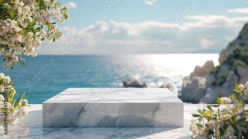 A serene oasis of white marble and vibrant blooms, framed by the endless expanse of sky and water