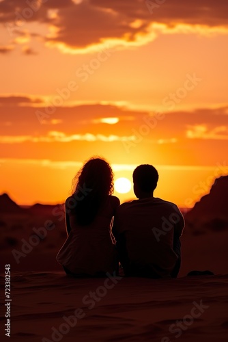 young couple sitting and hugging at desert and looking at sunset, man and woman contemplate sunrise at nature