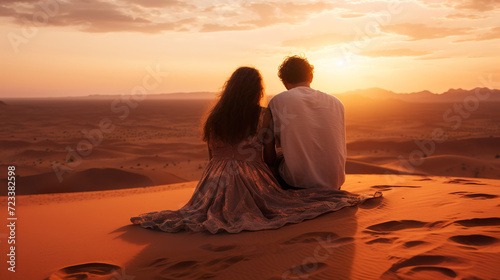 young couple sitting and hugging at desert and looking at sunset  man and woman contemplate sunrise at nature