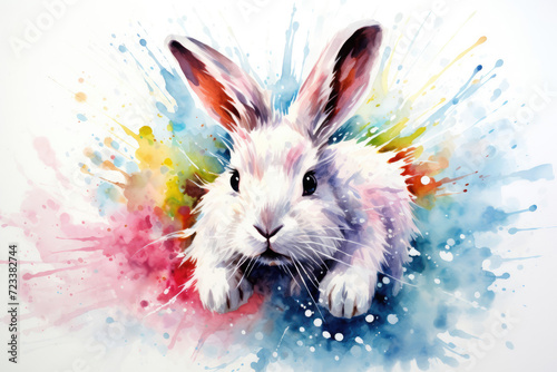 Watercolor Painting of a Bunny Rabbit With Pink Flowers in a Meadow