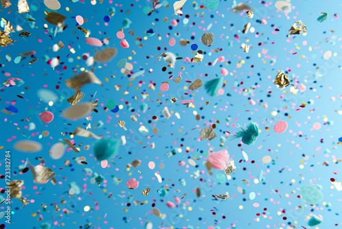 A burst of aqua and turquoise confetti fills the air, creating a colorful bubble of joy and celebration © Larisa AI