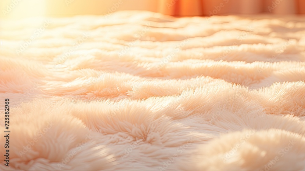 Peach fuzz area rug in sunlit living room space, close up Peach fuzz area rug in sunlit living room space, close up