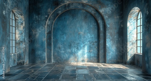 The majestic arches and symmetrical artwork in the indoor church create a sense of tranquility in the blue room, where the stone floor adds a touch of old-world charm to the building