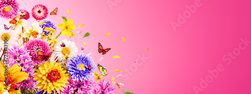 Beautiful colorful spring flowers with butterflies on vibrant pink background with copy space. 3D Rendering, 3D Illustration #723383906