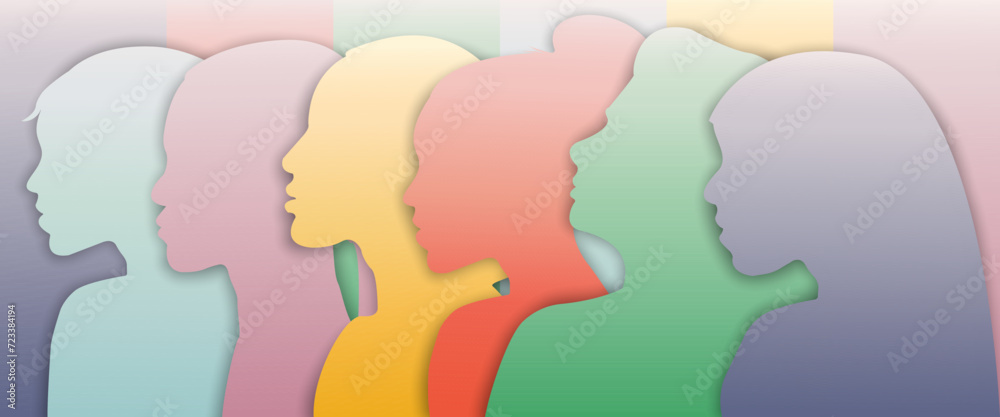 Silhouette profile Group of Women different race and ethnicity in different shades of pink banner, women's Day, diversity concept Silhouette profile Group of Women different race and ethnicity in different shades of pink banner, women's Day, diversity concept
