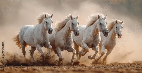 A magnificent herd of majestic mustang horses galloping freely through a sun-kissed field  their flowing manes and powerful hooves leaving dust in their wake