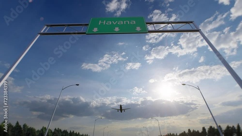 Havana City Road Sign - Airplane Arriving To Havana Airport Travelling To Cuba photo