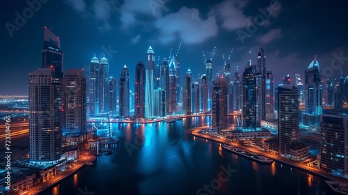 A stunning nocturnal urban landscape in Dubai, United Arab Emirates, showcasing futuristic modern architecture illuminated under the night sky, encapsulating the concept of luxurious travel. 