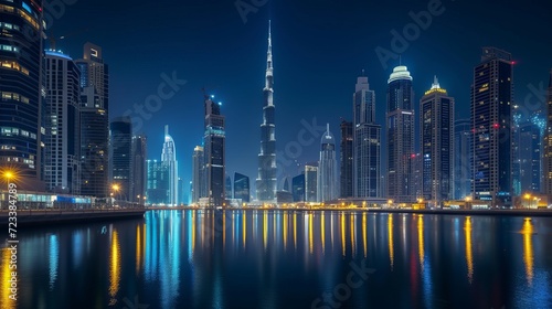 A stunning nocturnal urban landscape in Dubai, United Arab Emirates, showcasing futuristic modern architecture illuminated under the night sky, encapsulating the concept of luxurious travel. 