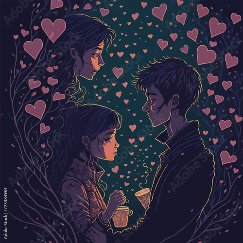 With customized artistic boy and girl love with colorful background loving vector illustration