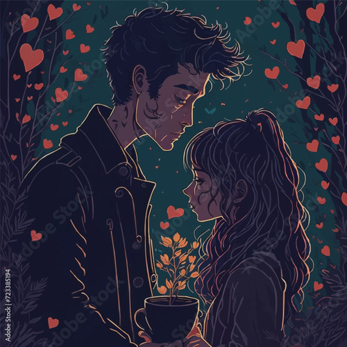 With customized artistic boy and girl love with colorful background loving vector illustration