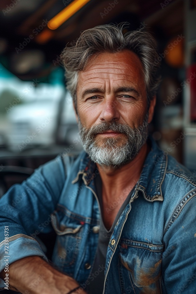 Happy confident Caucasian middle aged male driver standing in front on his truck. Photo with copy space. Hyper realistic photo, generative ai Happy confident Caucasian middle aged male driver standing in front on his truck. Photo with copy space. Hyper realistic photo, generative ai