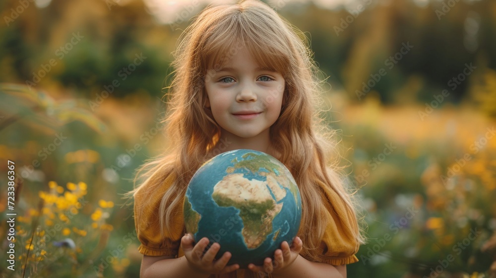 A young girl environmentalist holding the planet earth, save world concept, generative ai A young girl environmentalist holding the planet earth, save world concept, generative ai