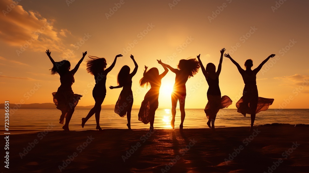 Fototapeta premium silhouette of happy women friends dancing at beach party at sunset, joyful group of female celebrate on vacation