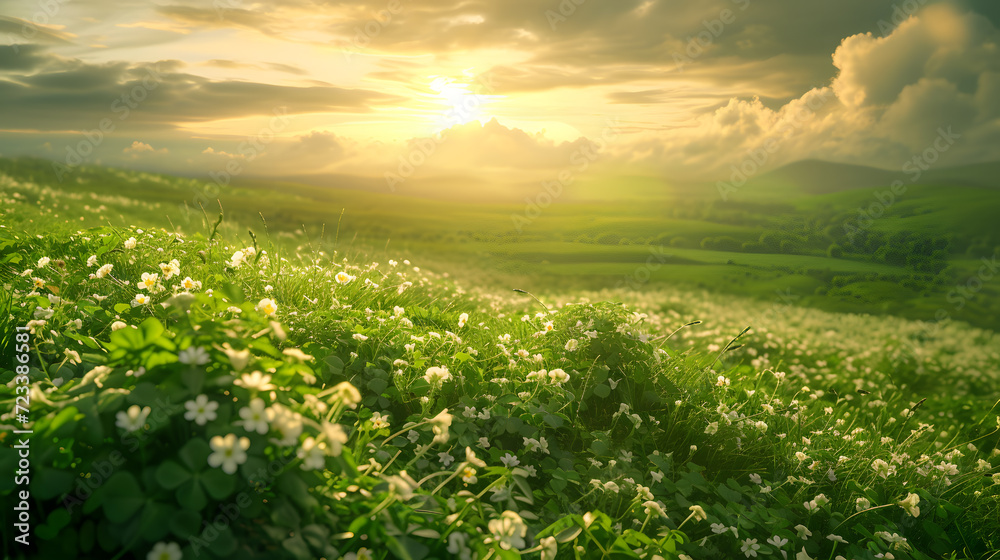 Beautiful green meadow with white flowers in the sunset light