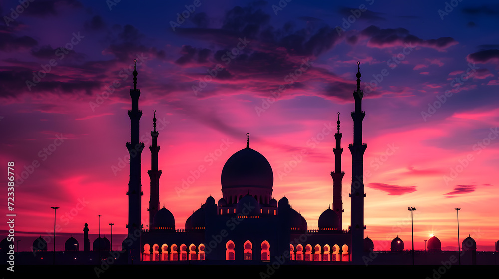 Silhouette of mosque at sunset. Ramadan Kareem background