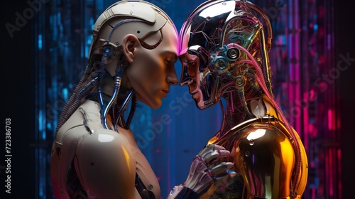 human and robot couple love and hug, robotic man and woman embrace and kiss, relationship of human and machine, artificial intelligence concept