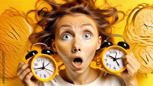 Lateness: frightened look of a girl with alarm clocks photo