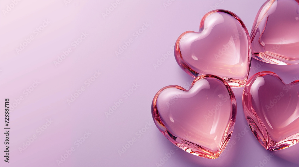 Fototapeta premium Pink glass hearts on a purple background, space for copy
