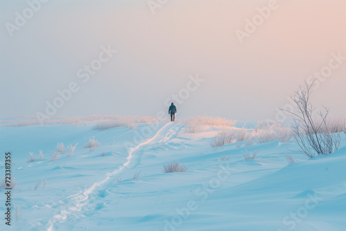 Alone atop a hill hiking in winter during sunrise
