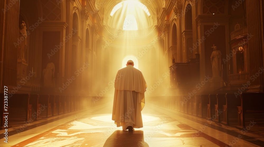 pope or high priest entering a church through a hallway - obrazy, fototapety, plakaty 