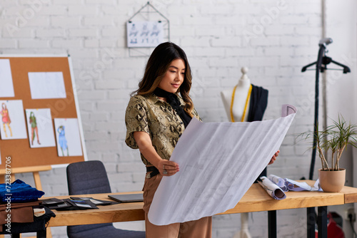 thoughtful asian fashion designer looking at sewing patterns near work desk in modern studio photo