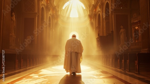pope or high priest entering a church through a hallway