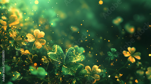 St. Patrick's Day background with clover leaves and bokeh effect photo
