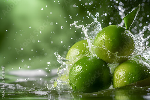 Fresh limes falling into water with splash and drops on green background