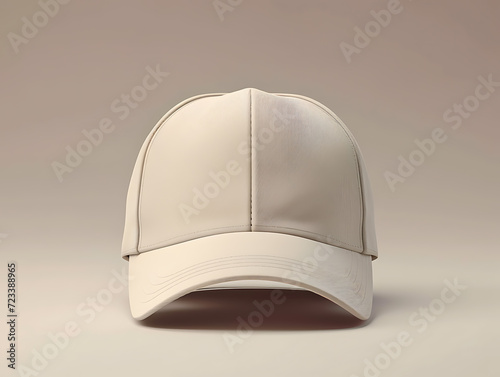 Front view 3d mockup of a cream-coloured baseball cap with its shadow, isolated within a cream and grey combination background. Suitable for product design, and branding. Created with Generative AI. photo