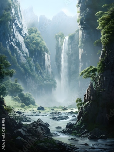 A distant view of a scenic waterfall cascading down the mountainside, its mist veiled in airy perspective, rendered in an ink wash style, on amber paper, illuminated by soft autumnal light, in a palet © Ziyan