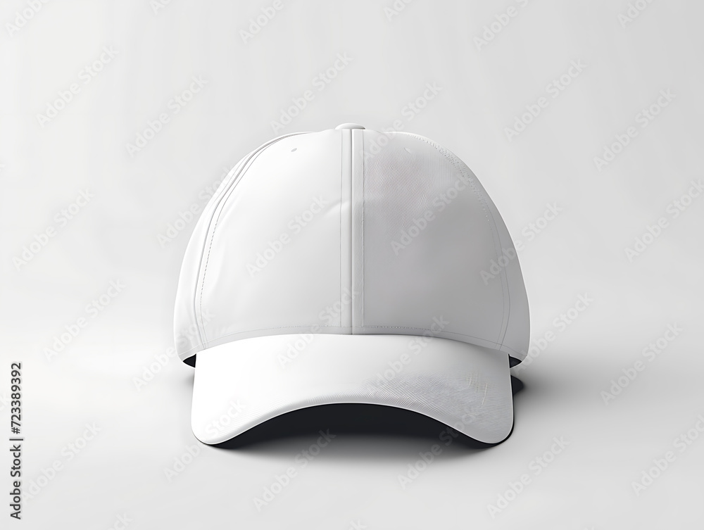 Front view 3d mockup of a white baseball cap with its shadow, isolated within a grey background. Suitable for product design, and brand. Created with Generative AI. Front view 3d mockup of a white baseball cap with its shadow, isolated within a grey background. Suitable for product design, and brand. Created with Generative AI.