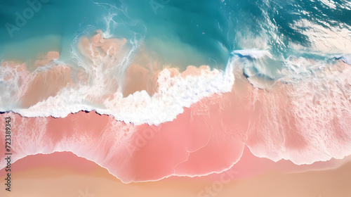 Sandy beach with light blue transparent water waves and sunlight  tranquil aerial beach scene