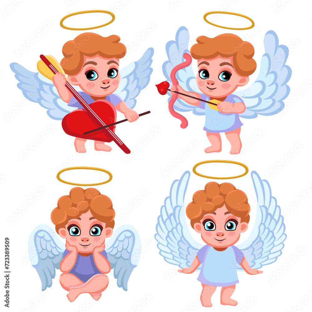 Set cartoon lovely angels characters. Love cupid. Cute cupid shoots from a bow. Cupid plays a heart-shaped cello . A cute Cupid sits Set cartoon lovely angels characters. Love cupid. Cute cupid shoots from a bow. Cupid plays a heart-shaped cello . A cute Cupid sits