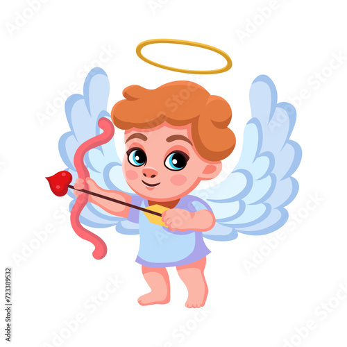 Cartoon lovely angel character. Love cupid. Cute cupid shoots from a bow.