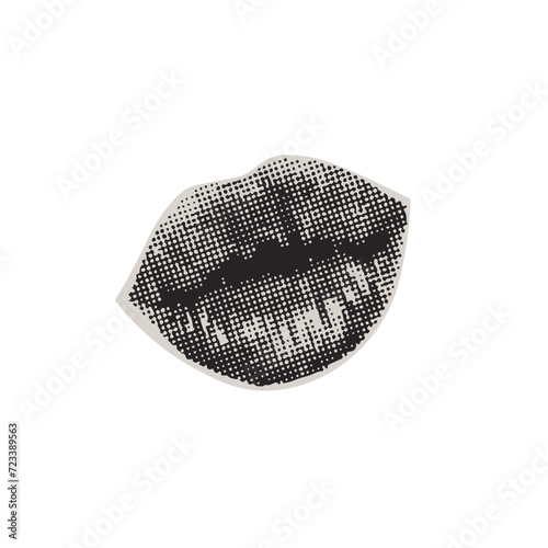 Retro halftone lips kiss for design of Valentine's Day.  Halftone texture, dot pop art style. Vector illustration of vintage grunge  design of 90s.