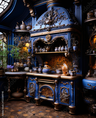 A blue kitchen with a blue dresser. Old kitchen: old kitchen with beautiful old stove