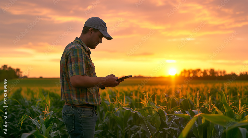 Agricultural Expertise - Farmer Using Digital Tablet to Analyze Crop Health in Corn Field at Sunset