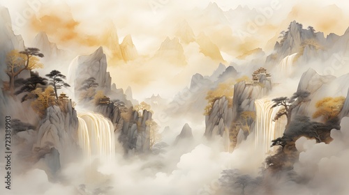A distant view of a scenic waterfall cascading down the mountainside, its mist veiled in airy perspective, rendered in an ink wash style, on amber paper, illuminated by soft autumnal light, in a palet photo