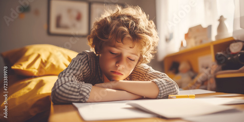Sad tired thoughtful child doing homework. Concept of depressed, stress and problems at school. photo