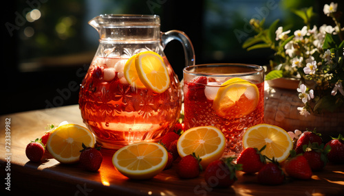 Jugs with strawberries and lemon. Jug and glass of strawberry lemonade on wooden table in the sun