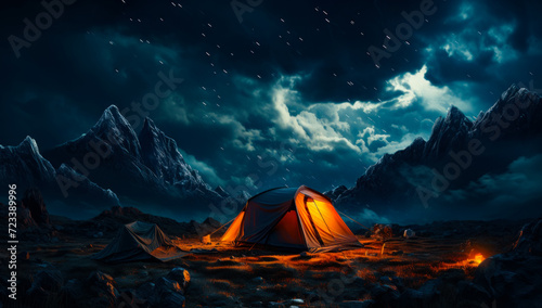 Lightning dark tent at night camping scene. © Vadim